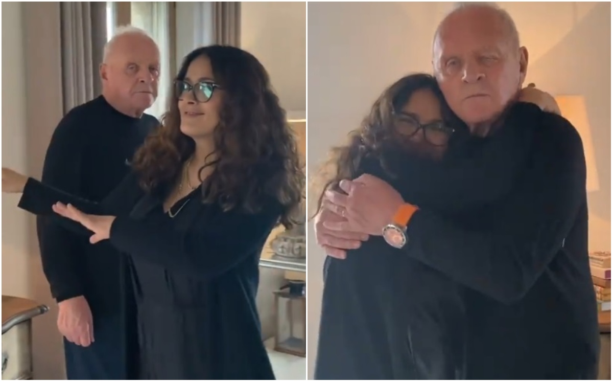 Salma Hayek aparece junto a Anthony Hopkins celebrando su triunfo en el Oscar