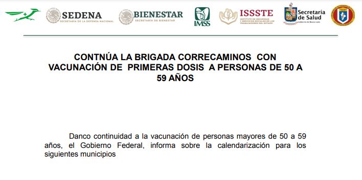 Anuncian vacunación contra Covid-19 para personas de 50 a 59 años en decenas de municipios de NL