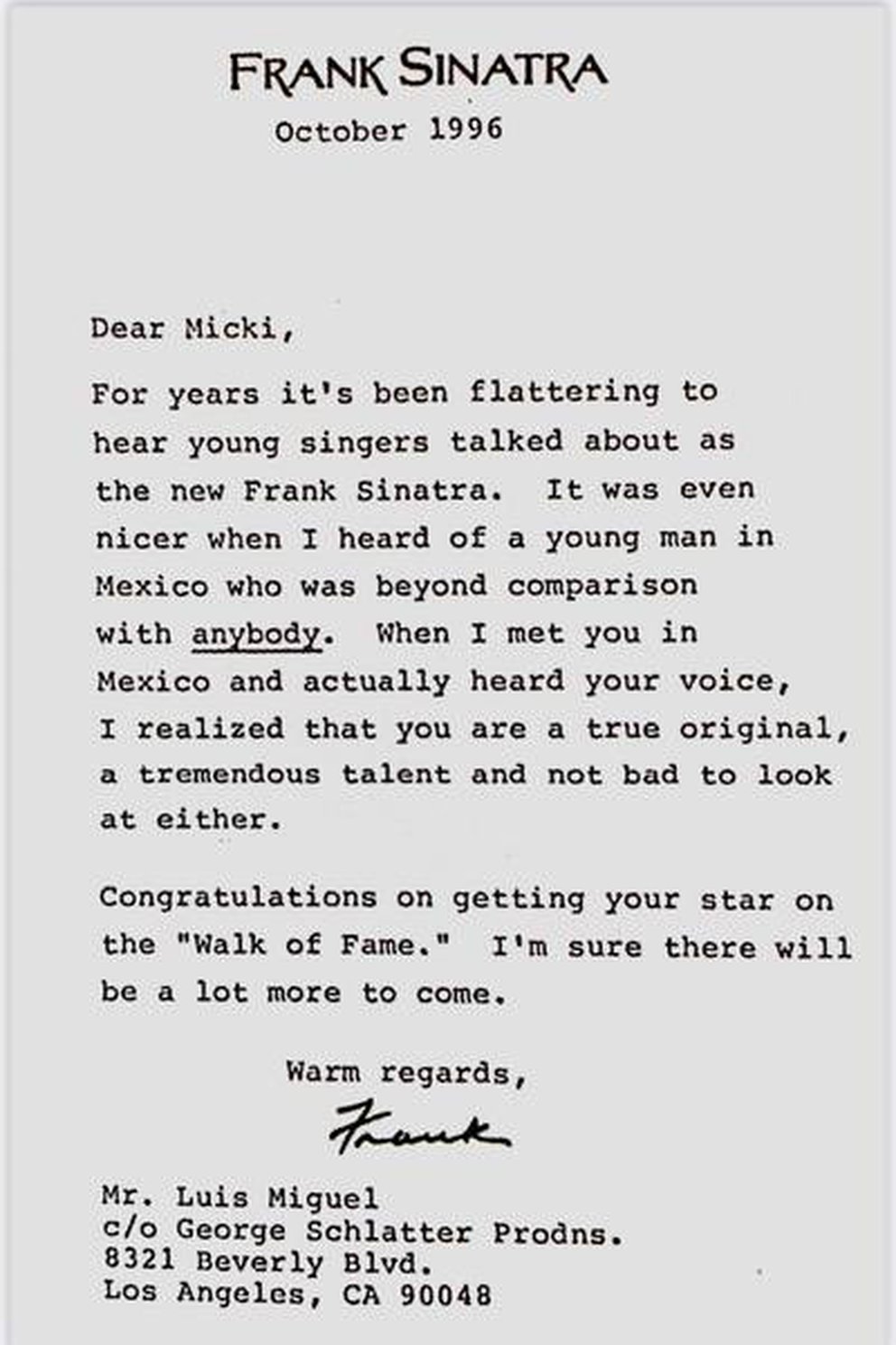 La conmovedora carta que Frank Sinatra le escribió a Luis Miguel