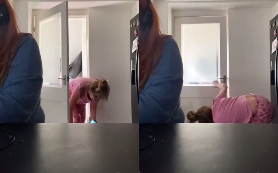 Mujer falla al agacharse para no salir en reunión Zoom de su hija; divertido video se hace viral