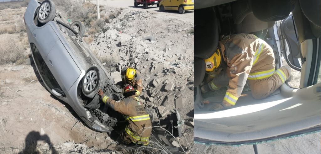 Volcadura de auto en San Isidro Ejidal