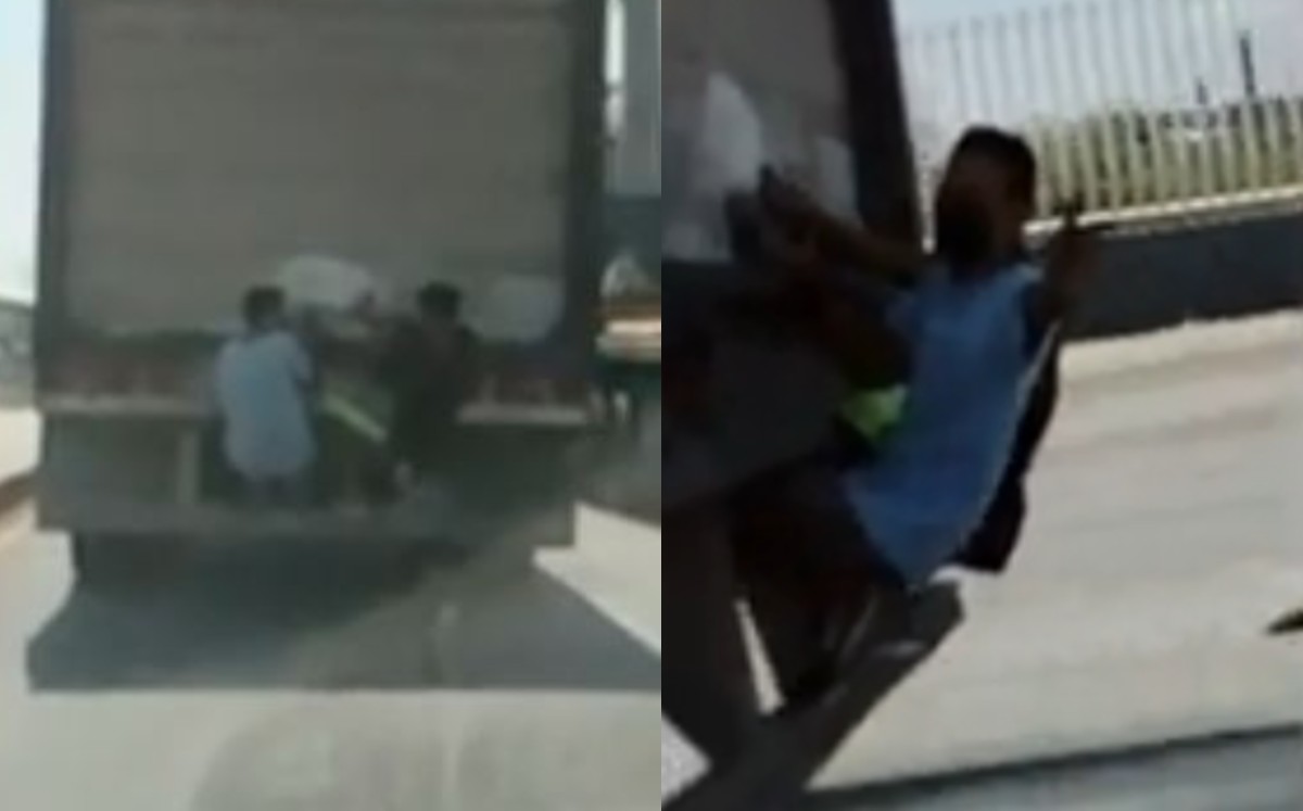Captan a jóvenes viajando colgados de un tráiler en avenida Ruiz Cortines