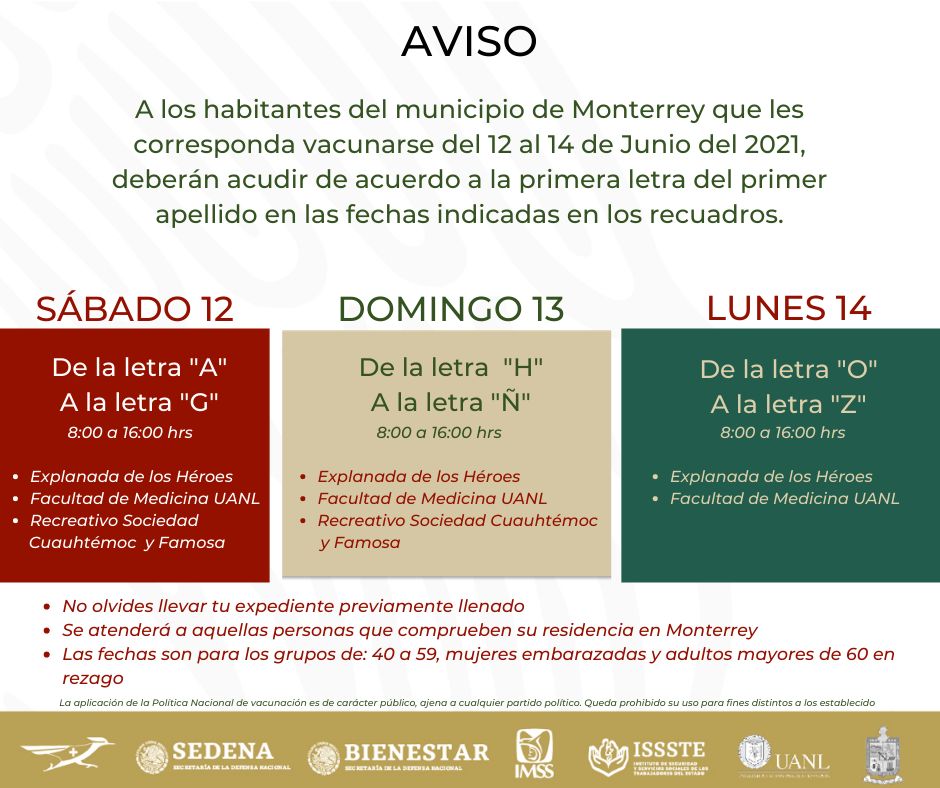 Fijan horarios y sedes para la vacunación contra Covid-19 en Monterrey