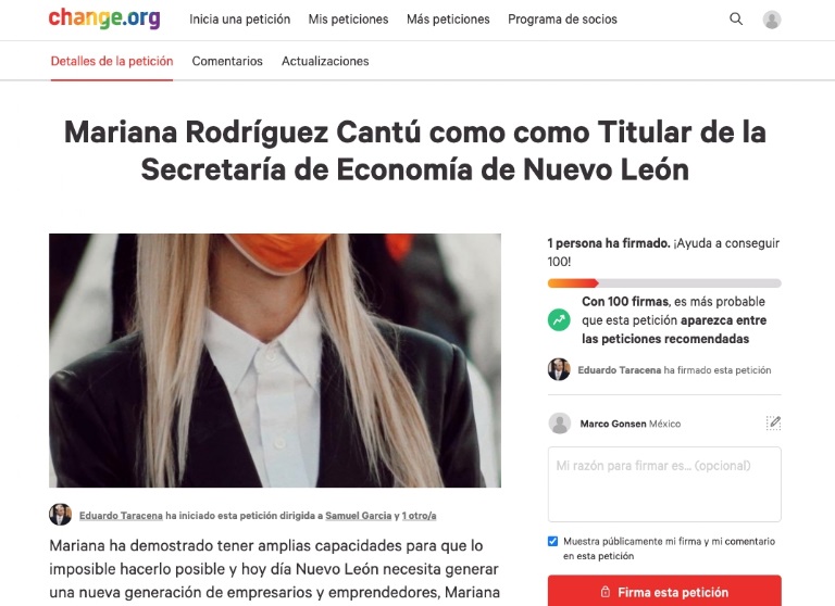 Lanzan petición para que Mariana Rodríguez sea secretaria de Economía en NL