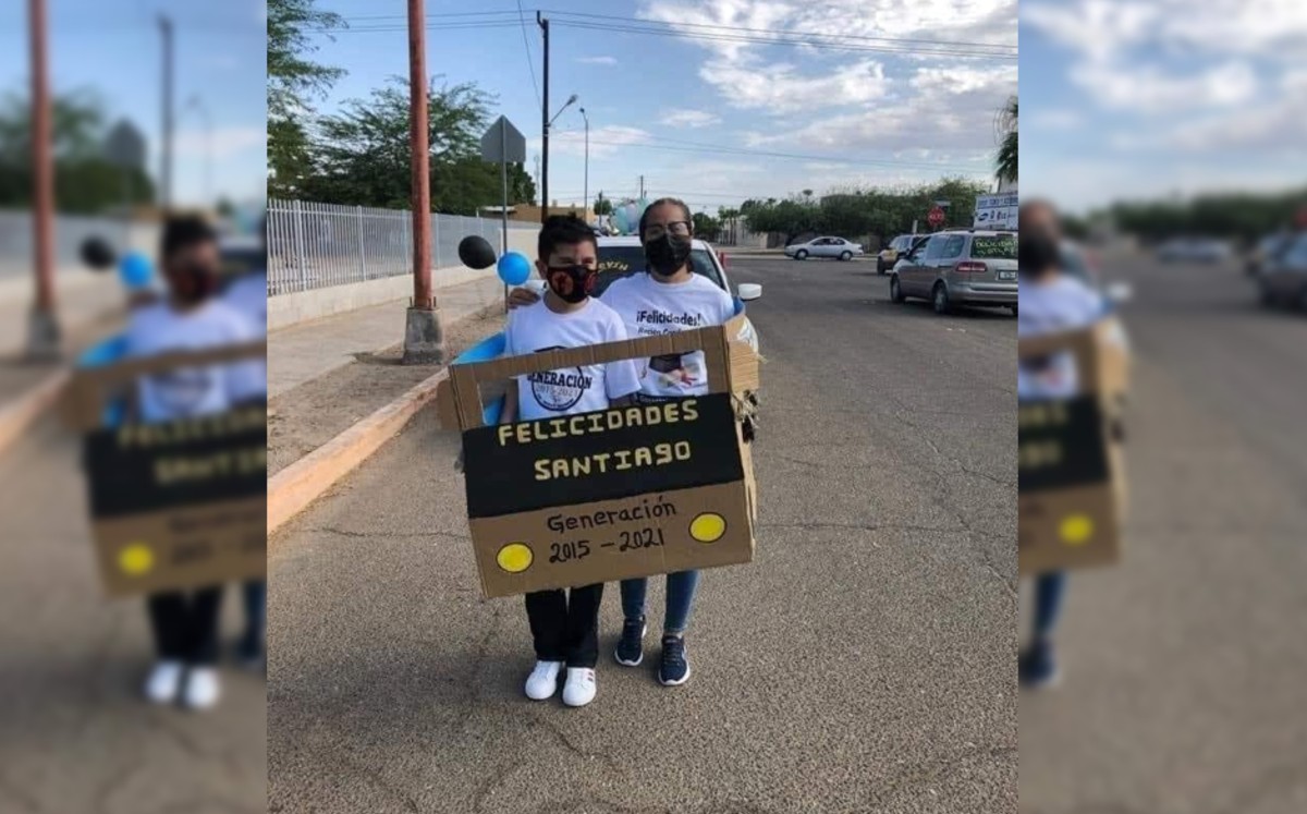 Padre crea carro de cartón para llevar a su hijo a la caravana de graduación (FOTOS)