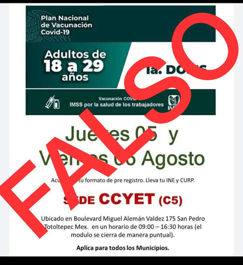 ¡Atención! Circula falso mensaje sobre inicio de vacunación para jóvenes de 18 a 29 años en Edomex