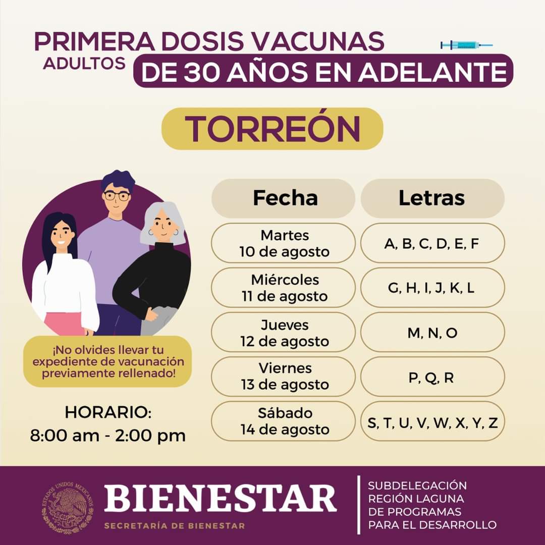 Vacunación anticovid a adultos de 30 y más en Torreón; checa aquí cuando te toca