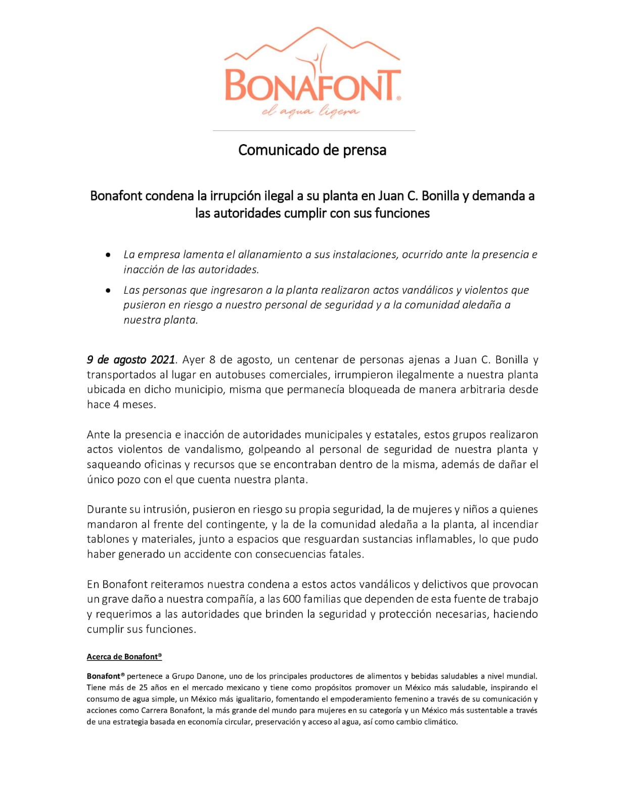 Bonafont pide a autoridades cumplir con sus funciones; condena irrupción ilegal de la planta