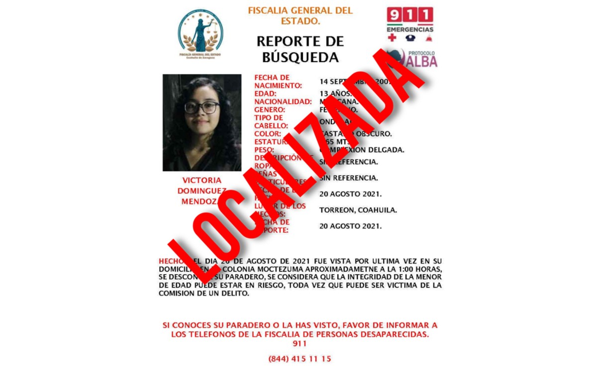 Localizan a Victoria, niña que estaba desaparecida en Torreón