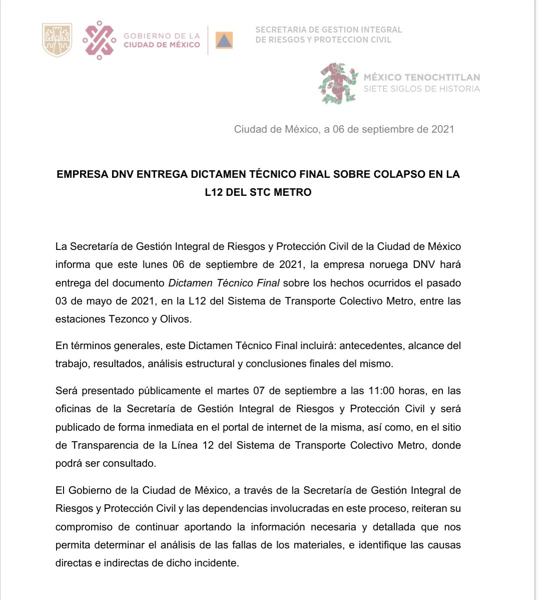 Empresa DNV entregó dictamen final sobre línea 12; será presentado el 7 de septiembre