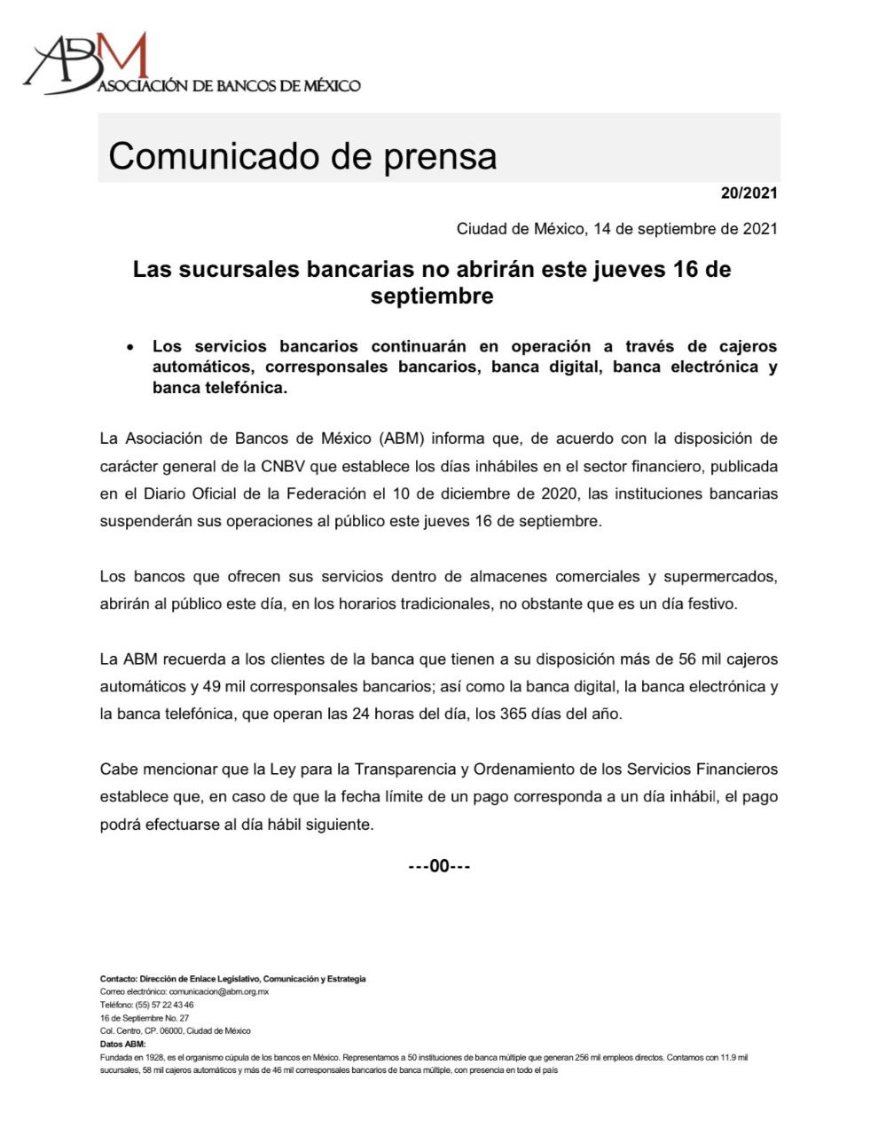 ¡Atención! Bancos no abrirán el próximo 16 de septiembre