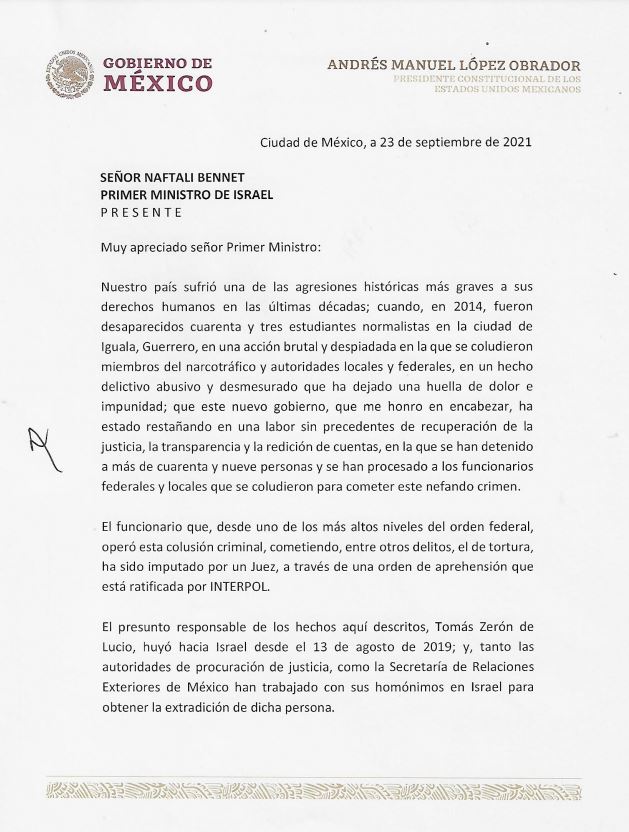 Extradición de Tomás Zerón es prioridad para México: AMLO en carta a primer ministro israelí