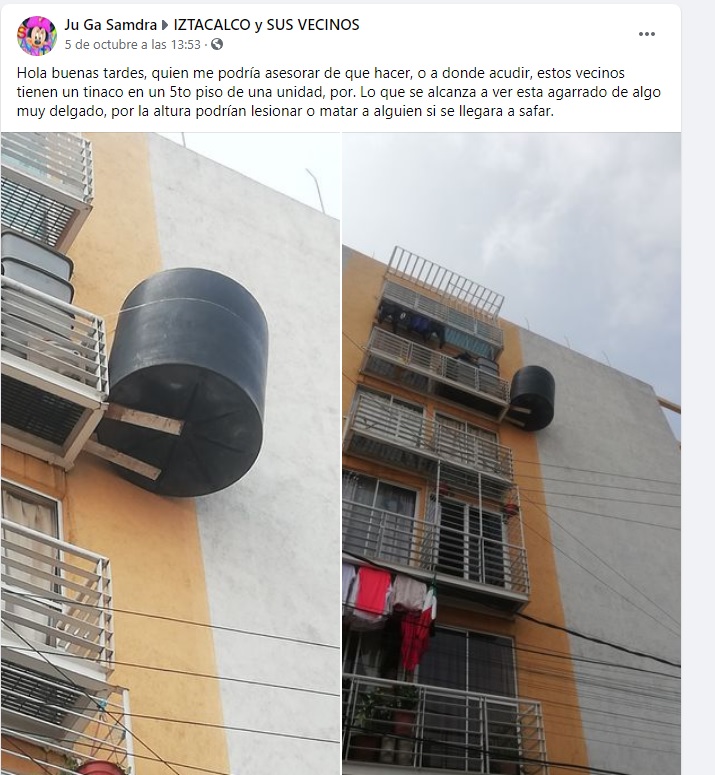 Mujer deja tinaco sosteniéndose sobre dos tablas en un quinto piso en Iztacalco; vecinos la denuncian en redes