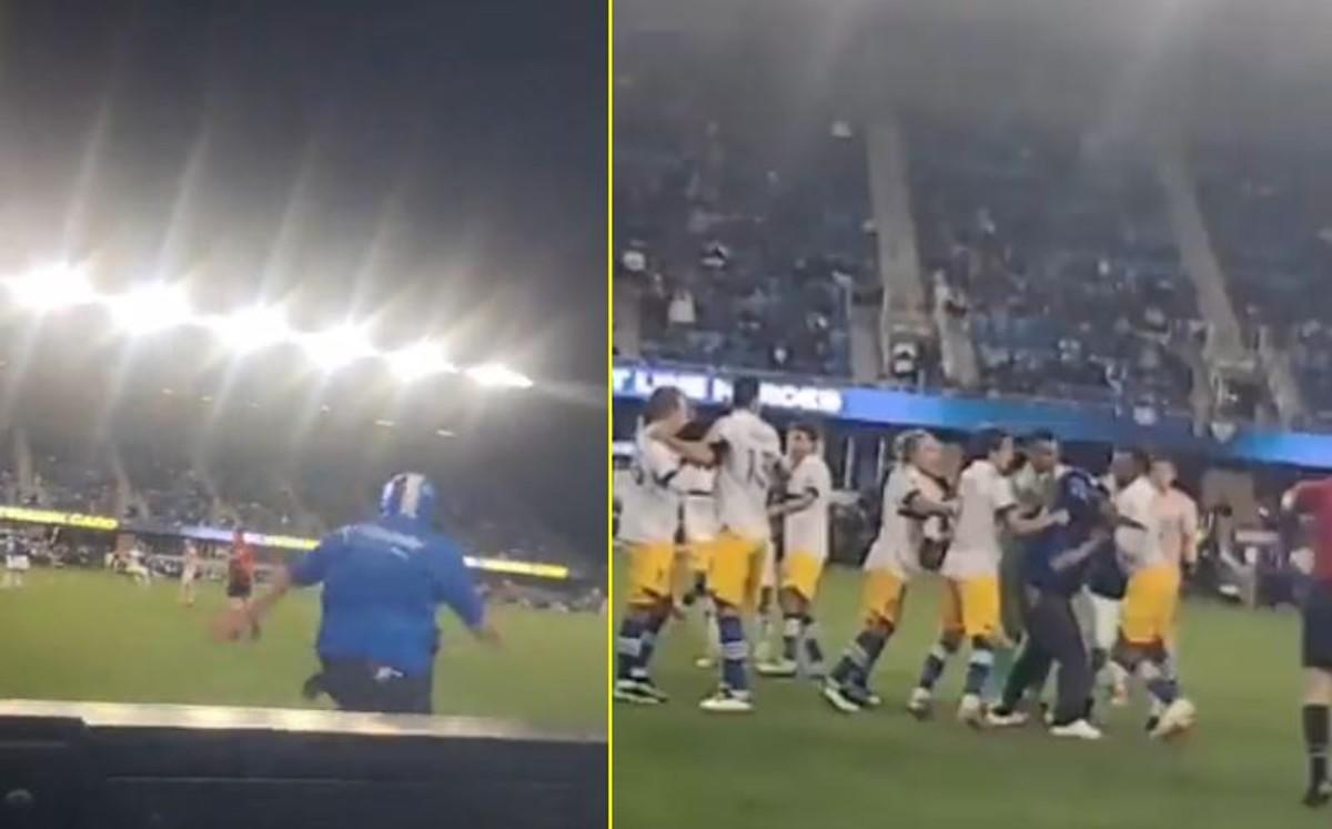 Había pleito entre Cruz Azul y San Jose; fan celeste ingresó al campo para tirar "trancazos"
