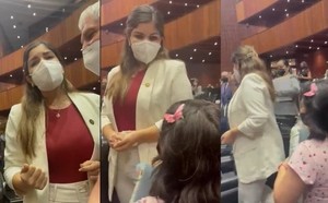 Madre de niño con cáncer se arrodilla frente a diputada pidiendo medicinas
