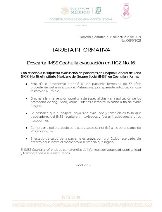 Evacuan pacientes y personal del IMSS en Torreón; mujer desprendía gases tóxicos
