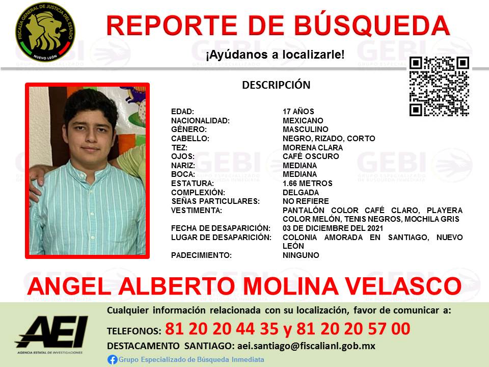 El joven fue visto por última vez en la colonia Amorada en Santiago, Nuevo León. / GEBI