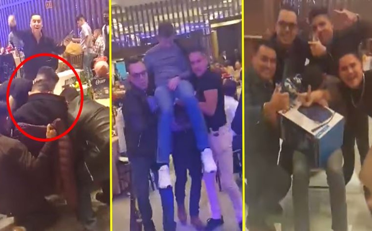 Los amigos del hombre decidieron cargarlo con todo y silla luego de que se quedará dormido.