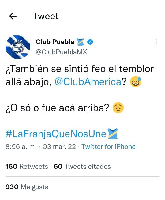 Tuit del Puebla burlándose de la situación de las Águilas.