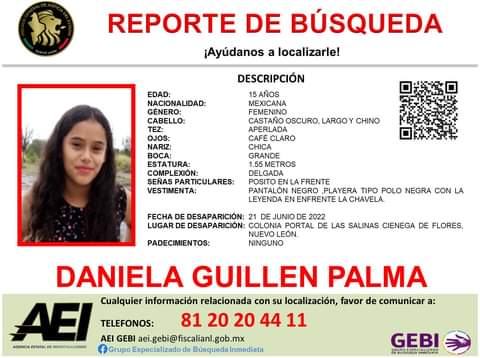 Menor de 15 años desaparecida en Ciénega de Flores / Cortesía