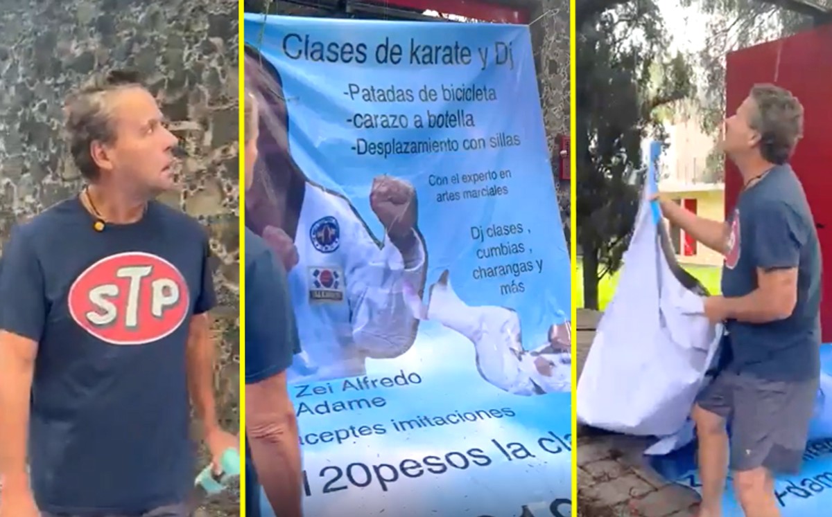 Alfredo Adame se mostró sumamente molesto al darse cuenta que colgaron una manta afuera de su casa.