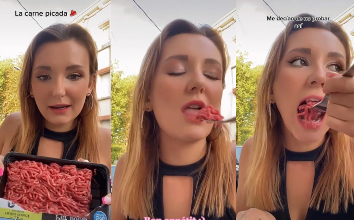 A través de TikTok, una mujer compartió un video en el que aparece comiendo carne cruda.