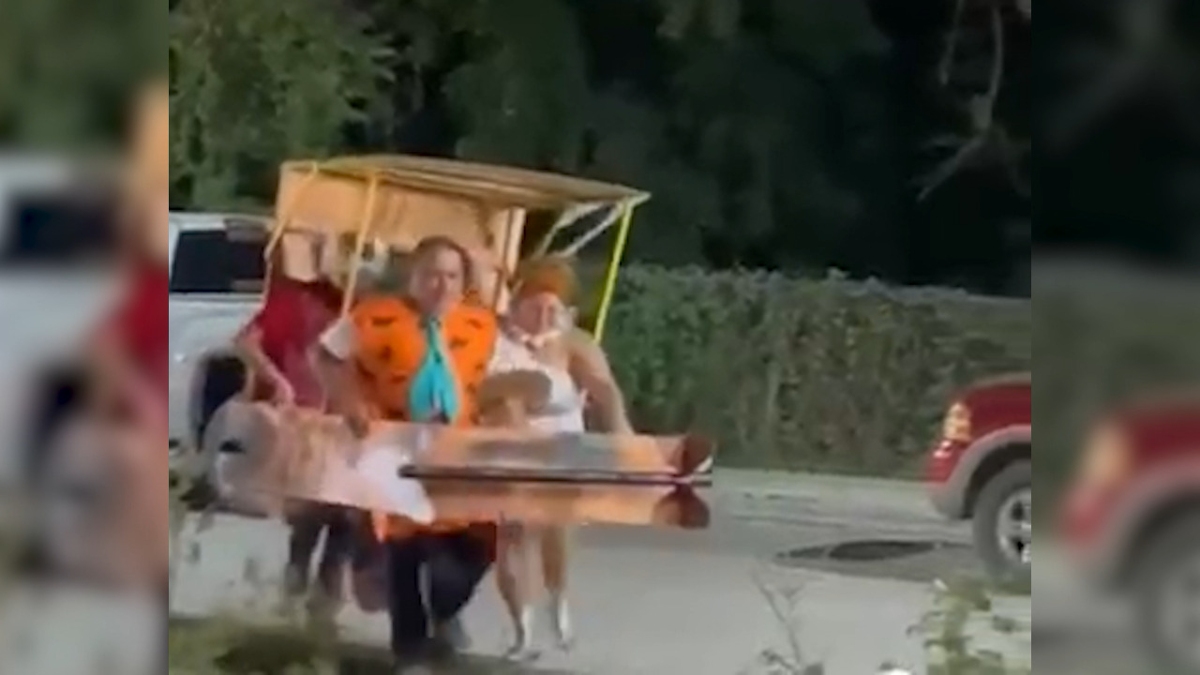 Al final de la reunión se ve a la familia despedirse en su “troncomóvil”.