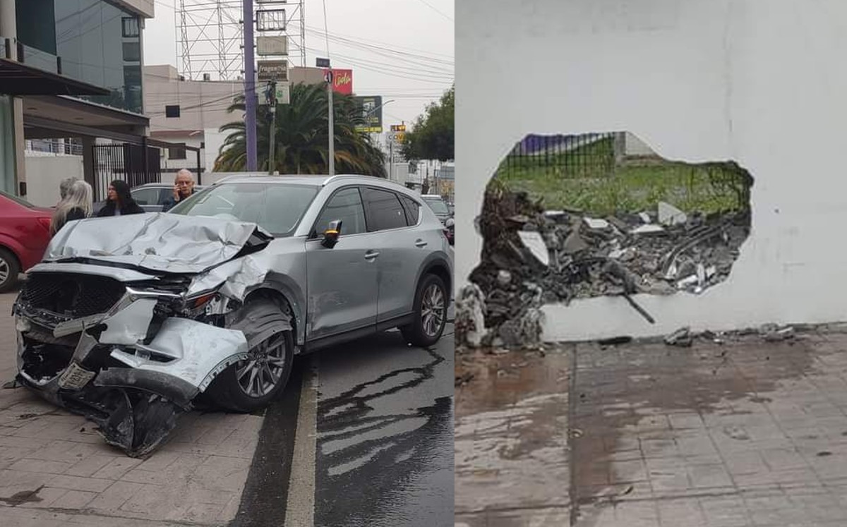 Choque entre dos camionetas daña barda y provoca fuga de agua en NL | Leyda Estrada