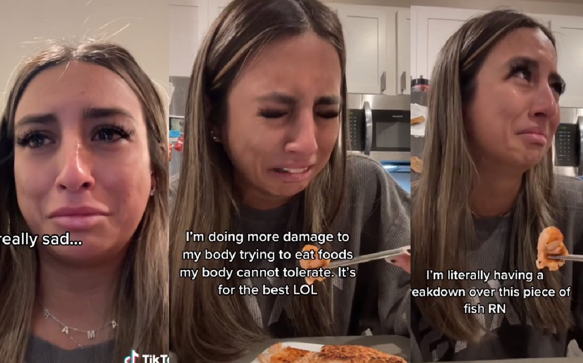 Joven vegana se graba llorando al verse obligada a comer salmón