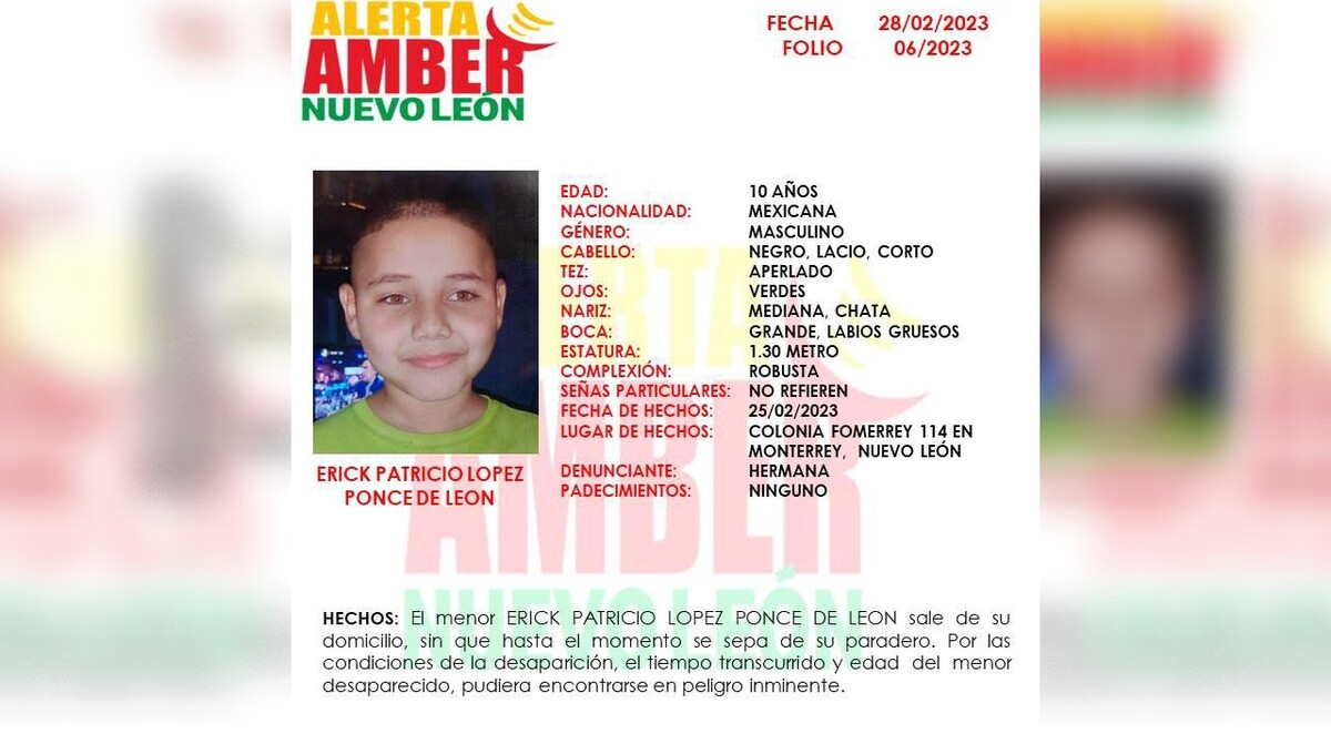Alerta Amber por menor desaparecido en Monterrey / Cortesía