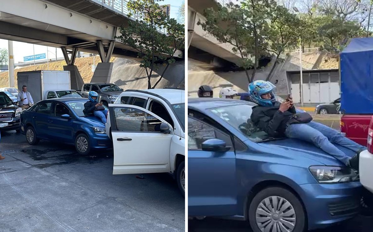 Motociclista que aterrizó en el cofre de un automóvil tras un choque / Juan Carlos Munguía