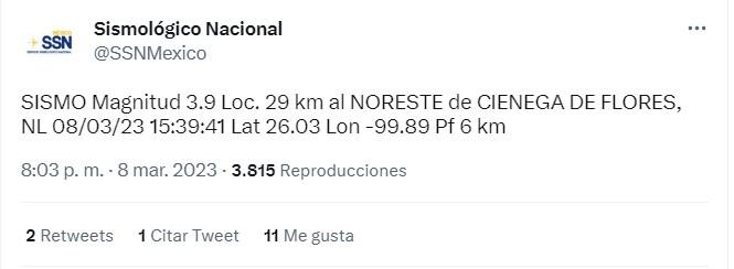 Sismo en Ciénega de Flores / Twitter
