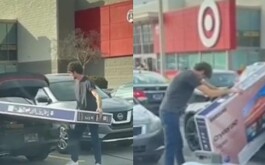 Joven intentó meter pantalla de 75 pulgadas en la cajuela de su auto.