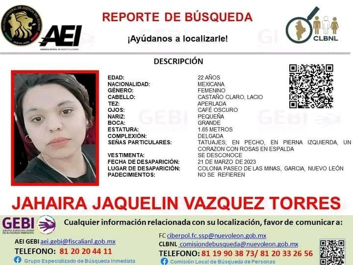 Reporte de búsqueda de Jahaira Jaquelín Vázquez Torres, de 22 años. / Especial