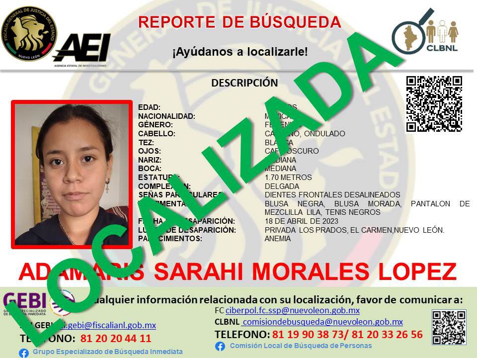 Localizan con vida a joven desaparecida en El Carmen, NL / Especial