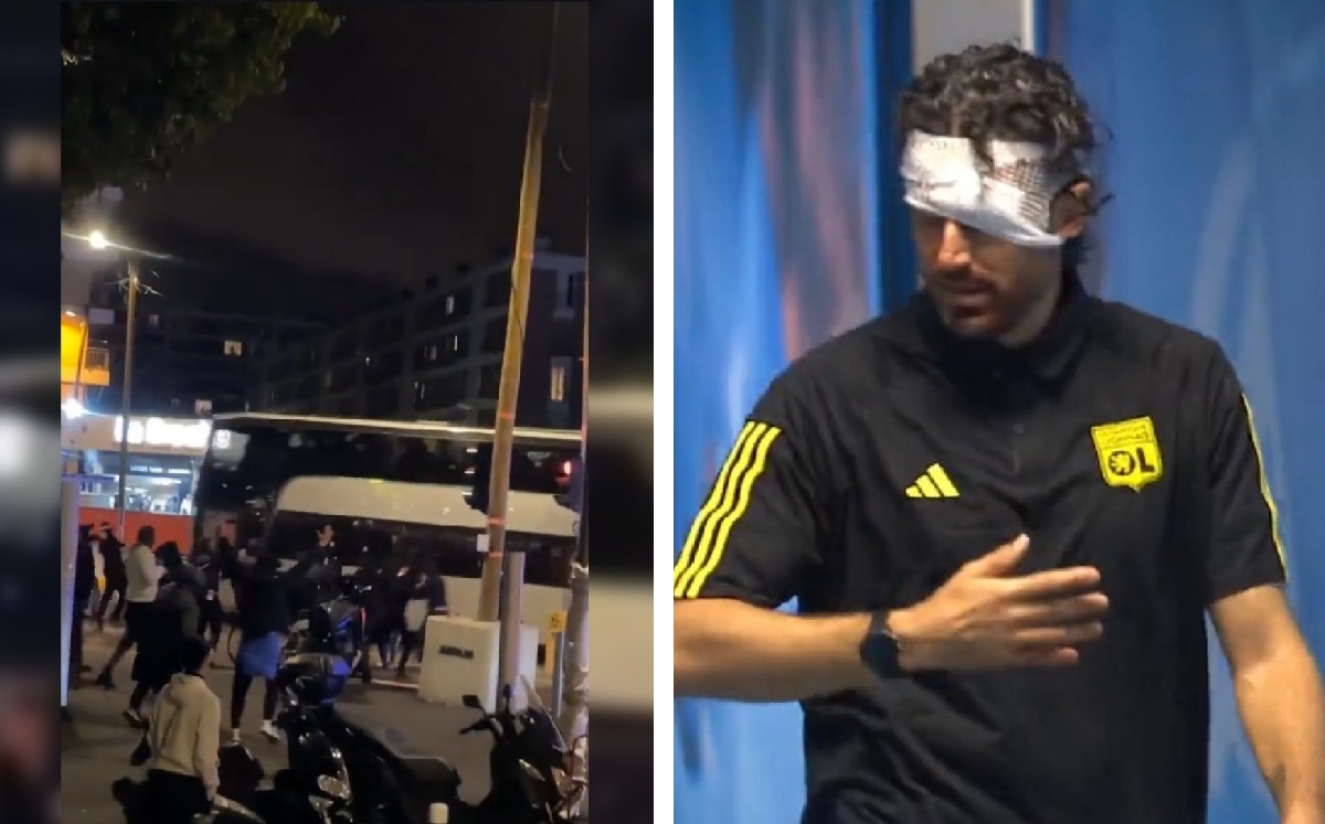 Autobús de Lyon siendo agredido por afición de Marsella / CORTESÍA: Captura de video y @FabrizioRomano