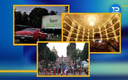 fotografías de un teatro, un autocinema y el zócalo de puebla