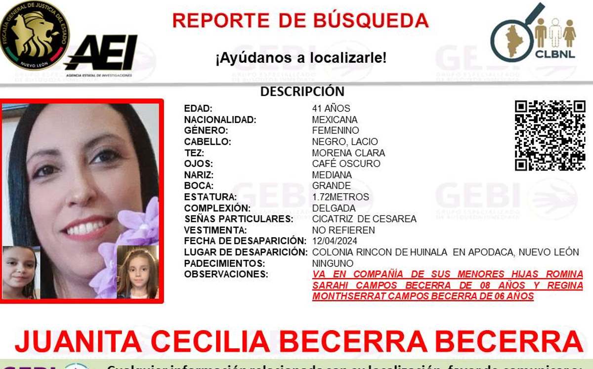 Una mujer desapareció junto a sus dos hijas menores de edad en Apodaca, Nuevo León. | Cortesía