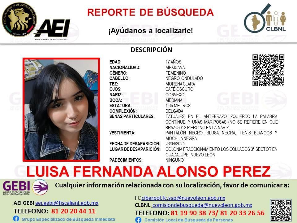 Joven de 17 años desapareció en el municipio de Guadalupe, Nuevo León. | Cortesía