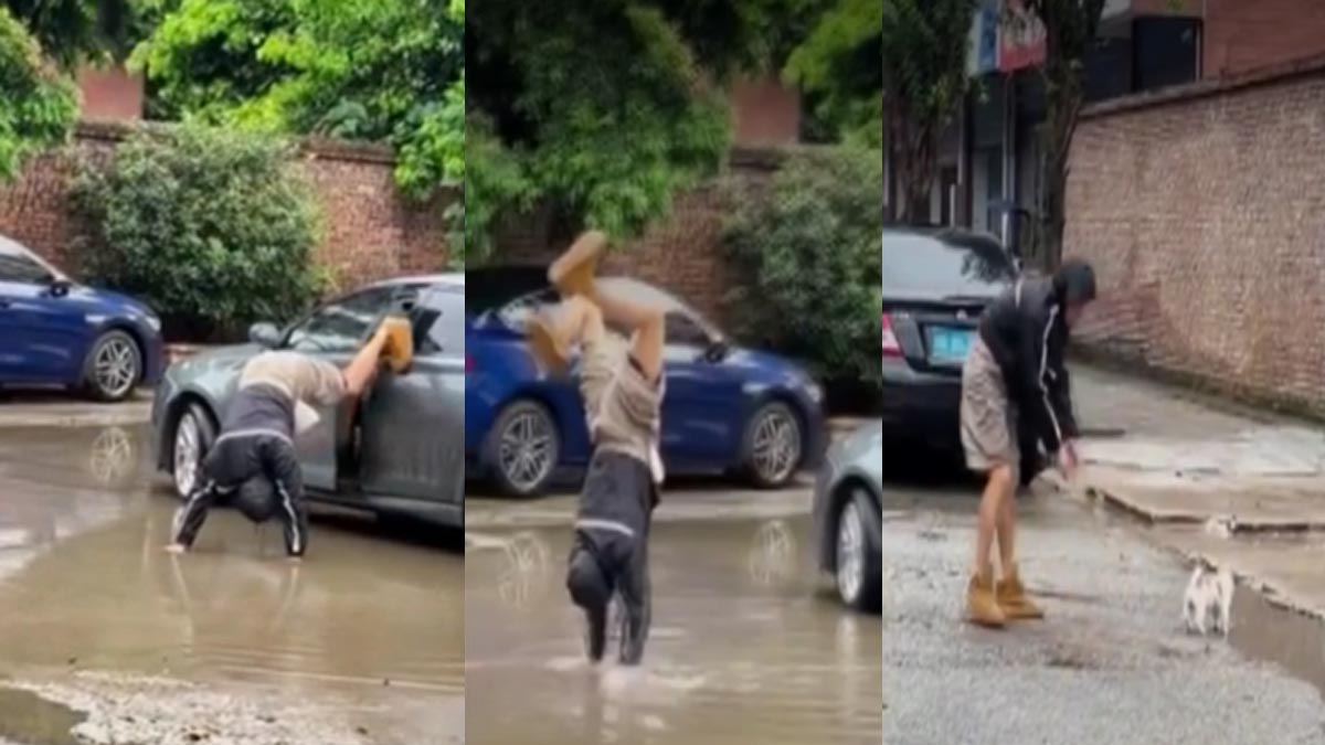 ¡De cabeza! hombre saca a pasear a su perro parado de manos para no ensuciarse los zapatos