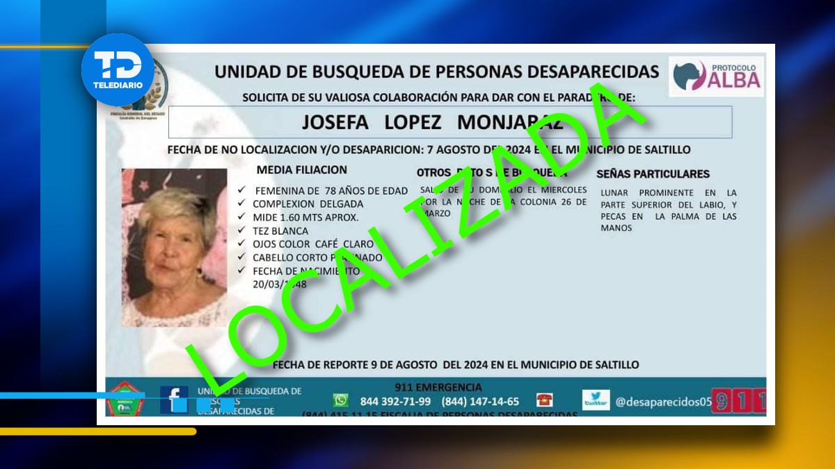 Localizan con vida a adulta mayor que estaba desaparecida.
