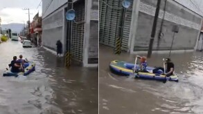 Tras las fuertes lluvias que han azotado al estado de Guanajuato, dos hombres fueron captados recorriendo en una lancha las calles inundadas de San Pancho.