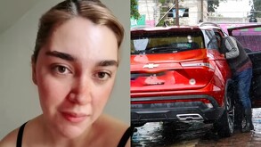 un hombre lavando un auto y una chica