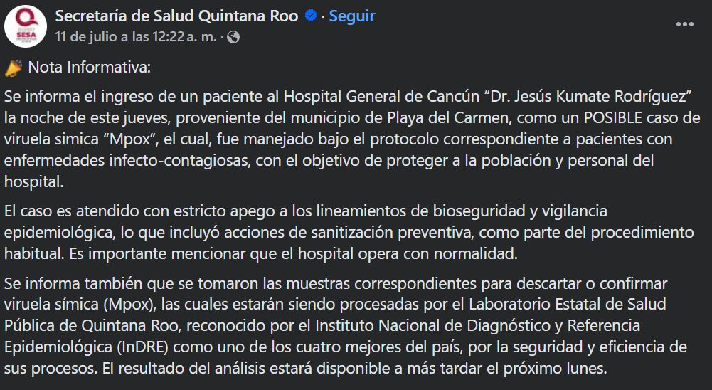 Un joven murió en Cancún por complicaciones asociadas a viruela símica, siendo el primer fallecimiento por esta causa en Quintana Roo en 2025.