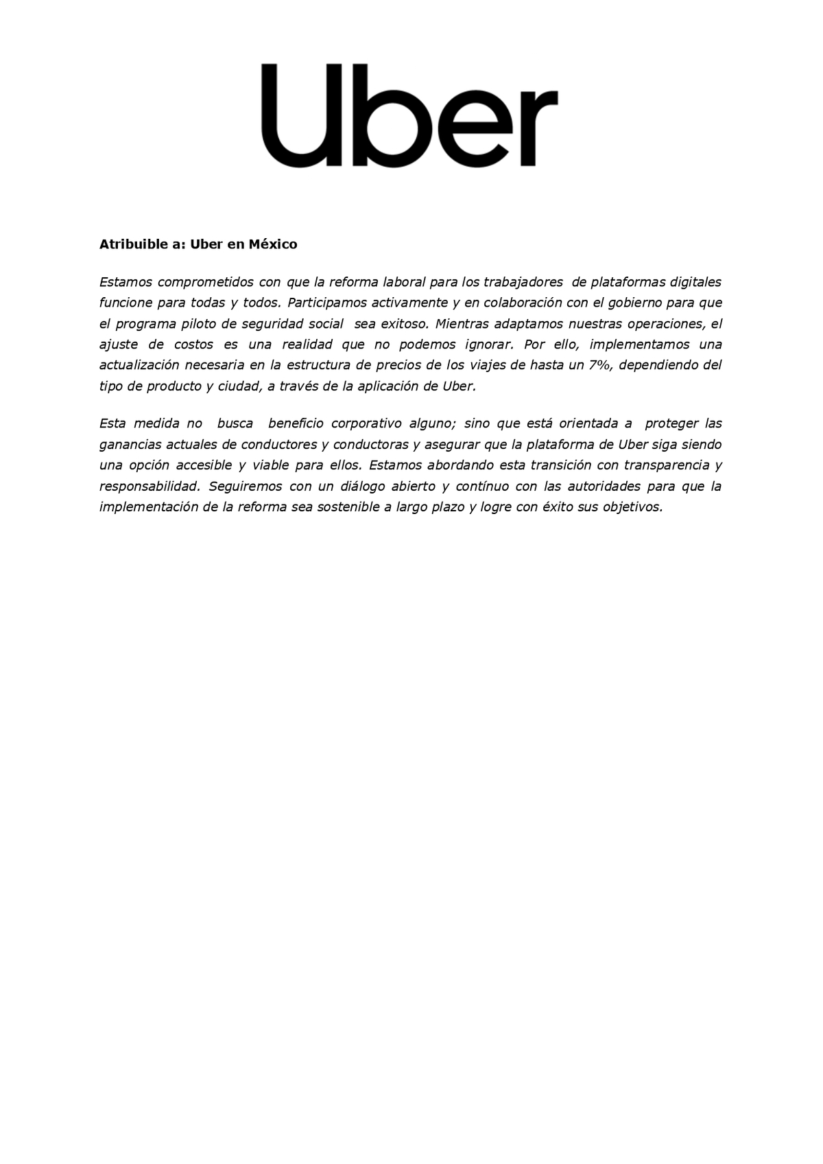 Comunicado de Uber sobre aumento de precios en México Comunicado de Uber sobre aumento de precios en México
