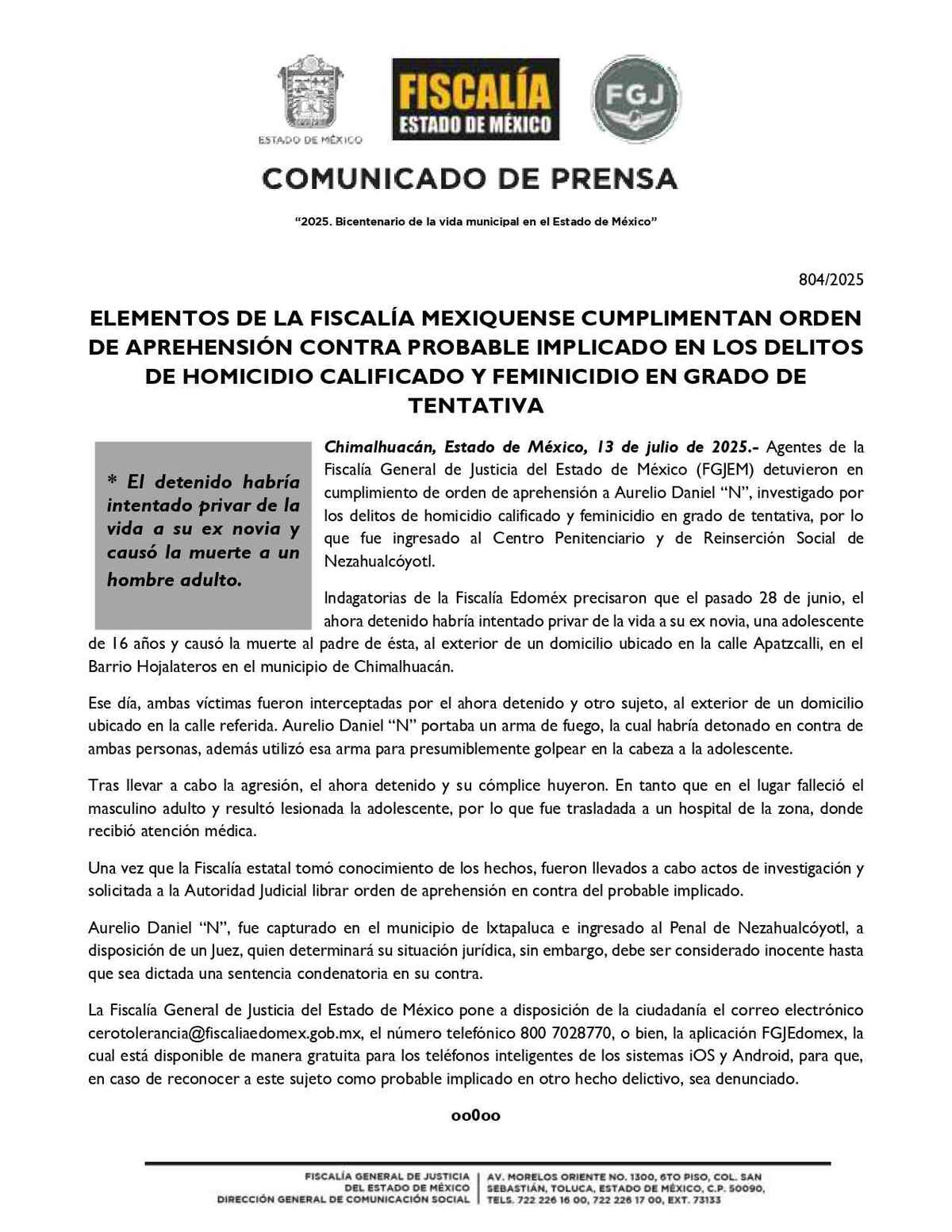 La Fiscalía Edomex emitió un comunicado sobre los hechos