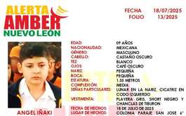 La Fiscalía de Nuevo León emitió una Alerta Amber por la desaparición de un menor de nueve años en la colonia Paraje San José, en García.