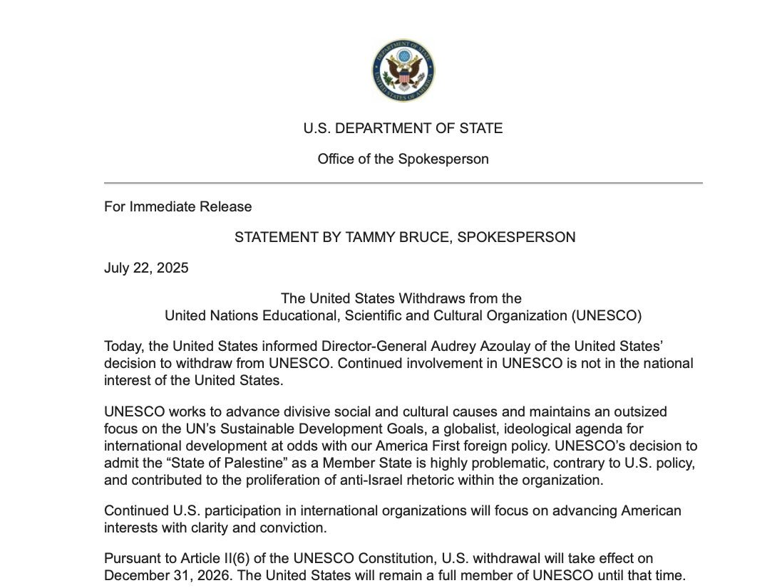 Estados Unidos anuncia su salida de la Unesco en 2026; Trump acusa a la organización de promover causas globalistas contrarias a sus intereses nacionales. Estados Unidos anuncia su salida de la Unesco en 2026; Trump acusa a la organización de promover causas globalistas contrarias a sus intereses nacionales.