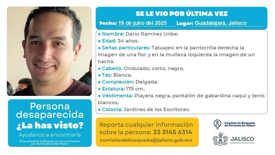 La Ficha de desaparición de Darío ya ha sido compartida por la UDG y se espera el apoyo de la comunidad La Ficha de desaparición de Darío ya ha sido compartida por la UDG y se espera el apoyo de la comunidad