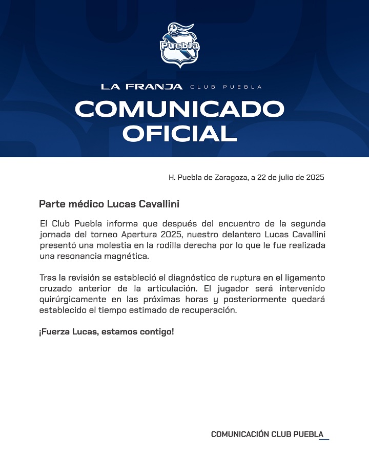 Lucas Cavallini sufrió la misma lesión en agosto del 2024, rompiéndose el ligamento durante un entrenamiento con el Puebla. Lucas Cavallini sufrió la misma lesión en agosto del 2024, rompiéndose el ligamento durante un entrenamiento con el Puebla.